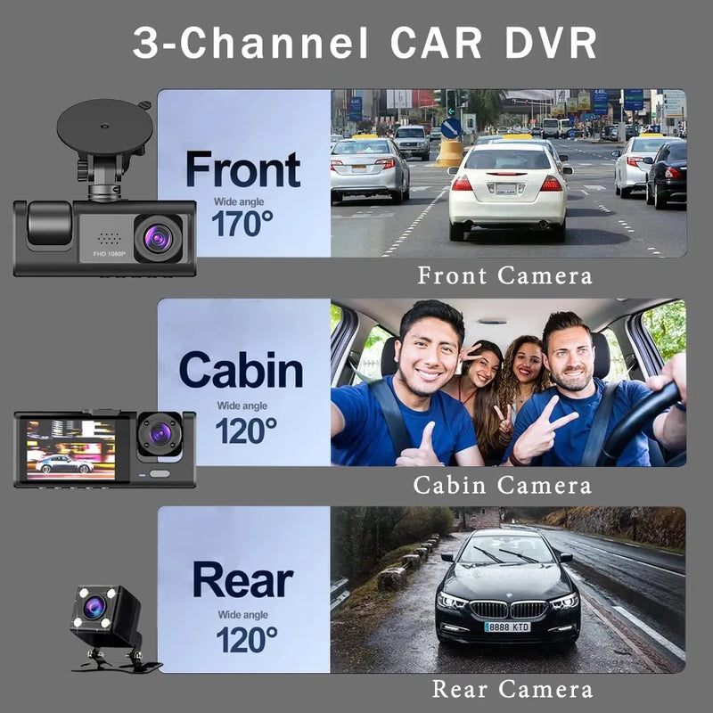 Câmera Dash De 3 Canais Frente, Traseira e Interior,1080p Dash
