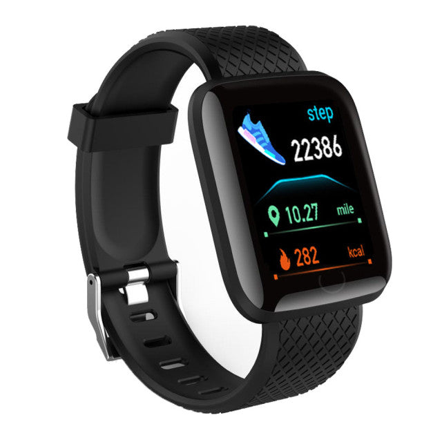 "Smartwatch 116plu com Monitor de Pressão Sanguínea, à Prova d'Água, Monitor de Frequência Cardíaca, Relógio Rastreador de Fitness para Esportes, Compatível com Android e iOS."